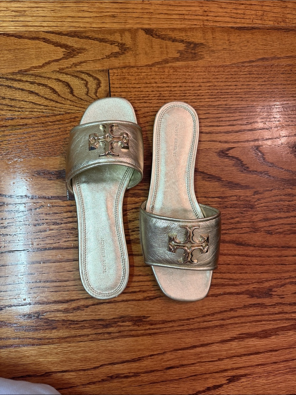 Tory Burch Gold Leather Logo Slide Sandals